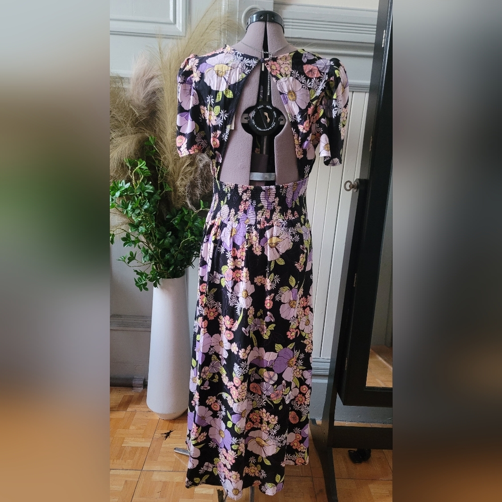 Black floral open back dress